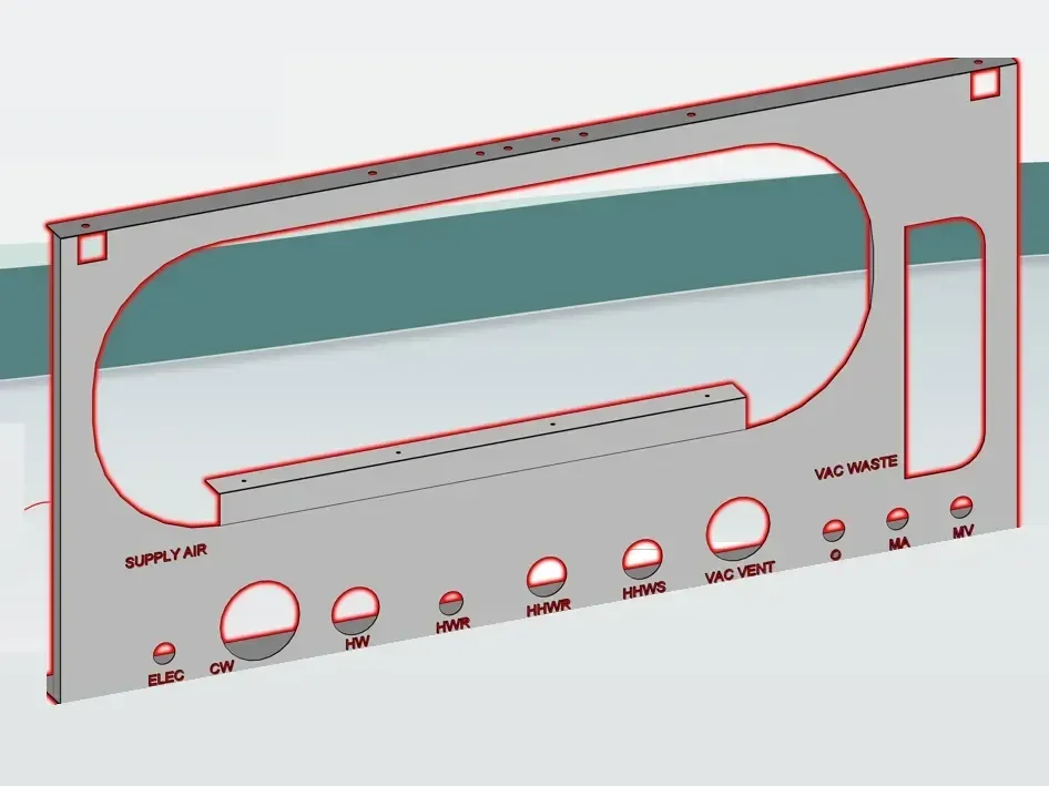 A 14-gauge multi-trade rack bracket with every service penetration labeled and pre-cut